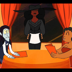 Animation still of vampire and woman sitting at table with witch-hatted waitress standing between them